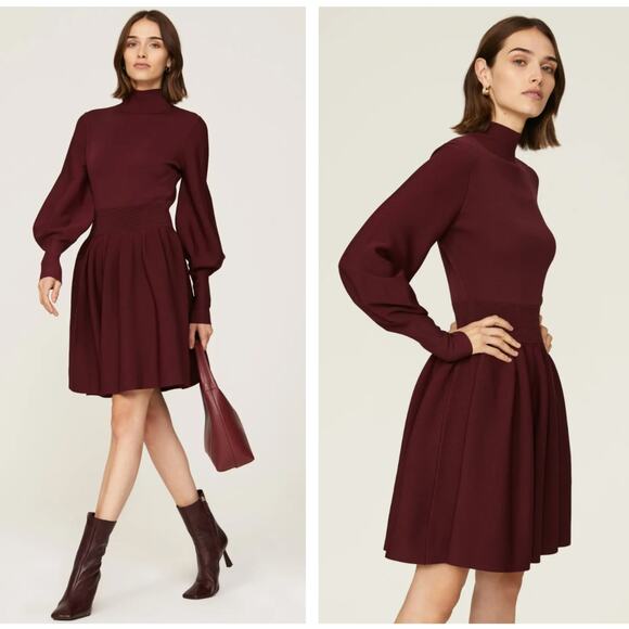 TED BAKER Naydine Fit & Flare Mockneck Balloon Sleeve Dress Maroon Red Sz M {X5} - Picture 1 of 5